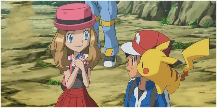 Serena, Clemont, Ash e o Pikachu do Pokemon anime