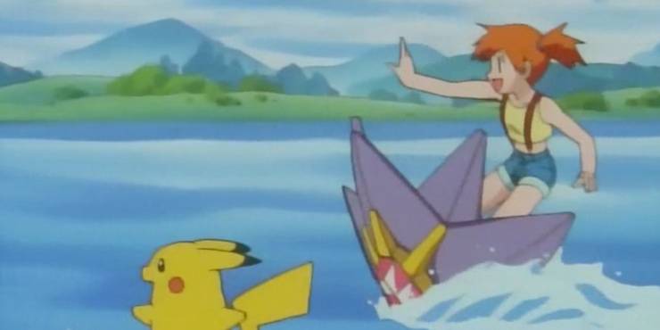Starmie surfująca na Starmie w anime Pokemon