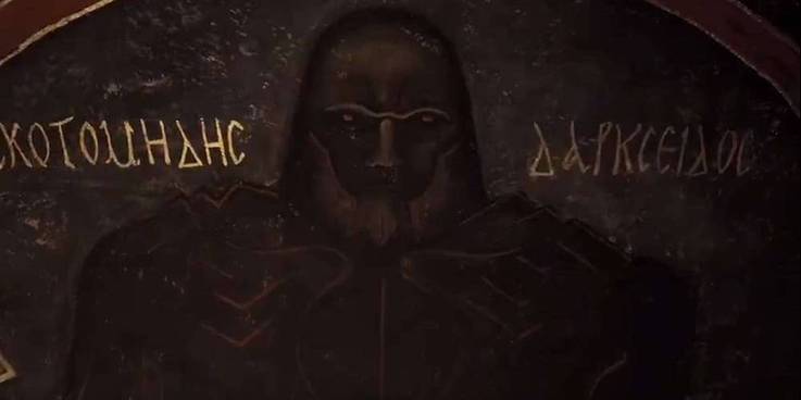 Desenho na parede que remete a Darkseid em Liga da Justiça