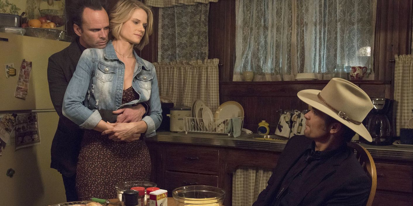 Walton Goggins as Boyd Joelle Carter as Ava and Timothy Olyphant as Raylan in Justified